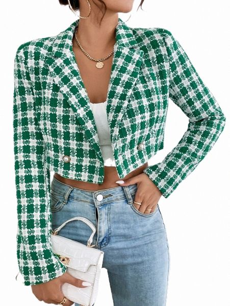 

plaid double button crop blazer 63ps#, White