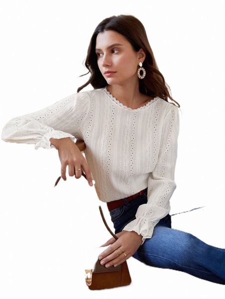 

frenchy solid eyelet embroidery bell cuff blouse e06f#, White