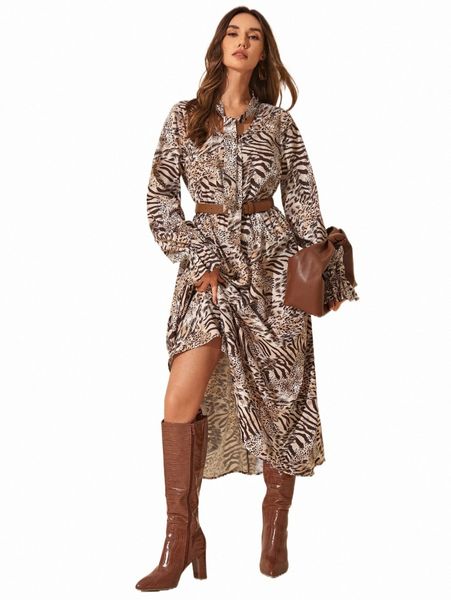 

animal mixed print tie neck dress without belt z0id#, Black;gray