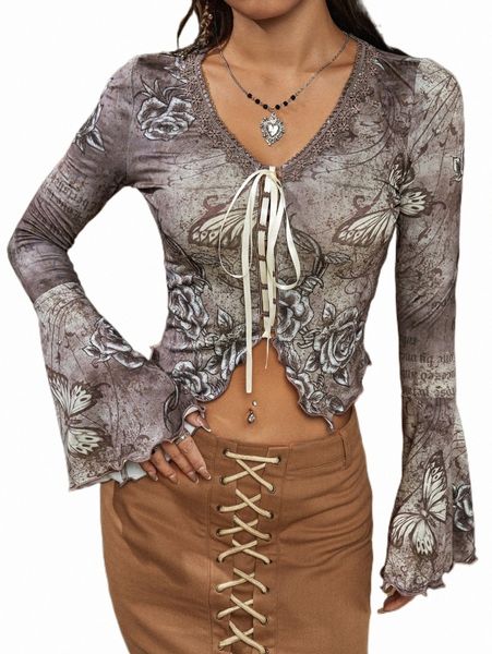 

butterfly & floral print contrast guipure lace tie front i3qy#, White