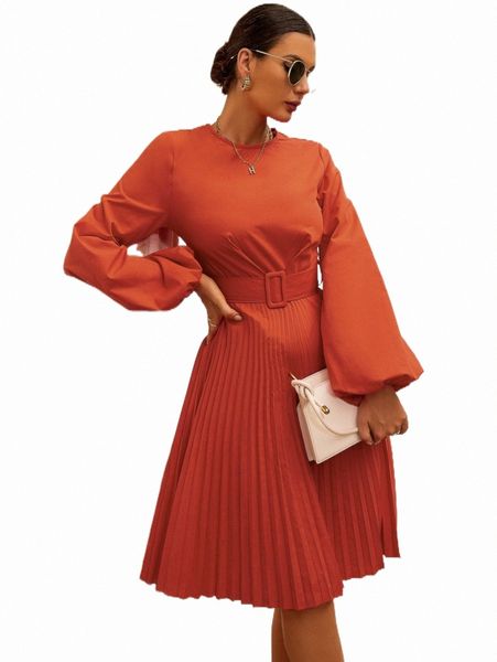 

lantern sleeve pleated hem belted dress w7tw#, Black;gray