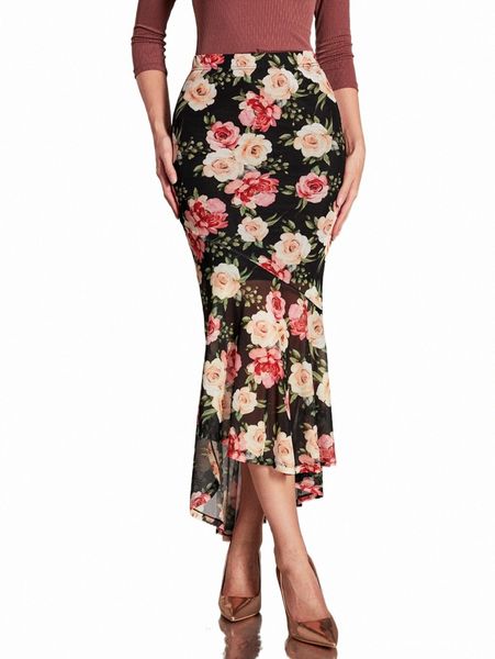 

floral print high waist mesh skirt 84tj#, Black