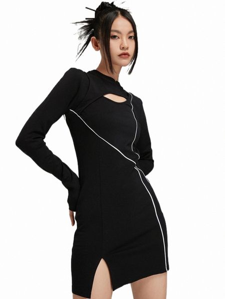 

dazy cut out contrast binding split hem bodycon dress e3tp#, Black;gray