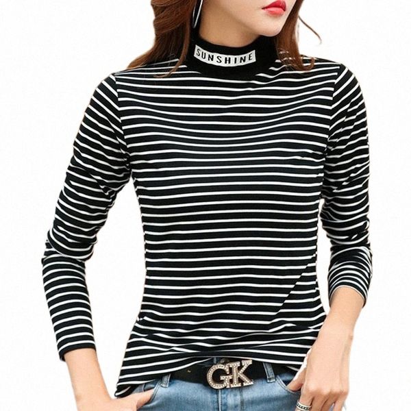 

women's t-shirt women autumn long sleeve turtleneck t shirt classic black white striped cotton elastic slim casual tees harajuku s7hq#