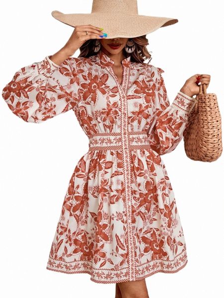 

allover floral print bishop sleeve button up dress s4la#, Black;gray