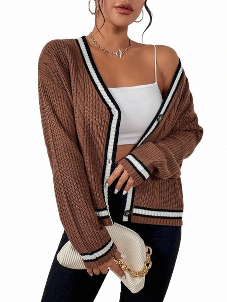 

striped trim drop shoulder cable knit cardigan w5qj#, White;black