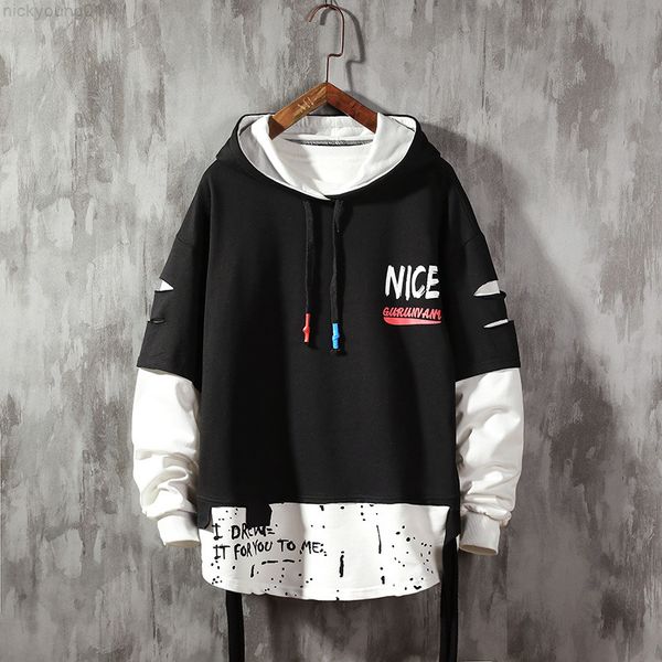 

men ribben hoodies autumn male fashion hoodies men's sweatshirts solid color splice hoodies street style y220818, Black