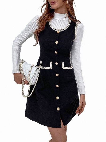 

button through contrast trim dress without sweater u7pi#, Black;gray