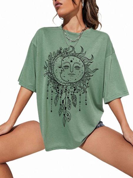 

moon & sun print drop shoulder tee l4it#, White