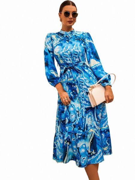 

allover print lantern sleeve belted dress g43p#, Black;gray