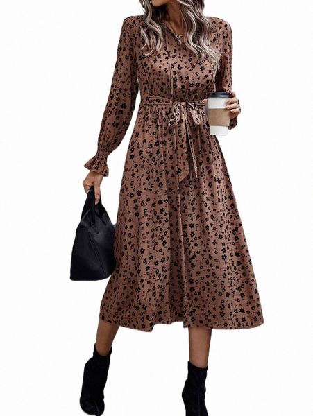 

ditsy floral shirred cuff belted dress f0wv#, Black;gray