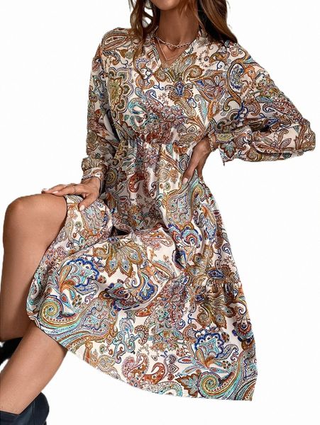 

paisley print drop shoulder sleeve dress s3ri#, Black;gray
