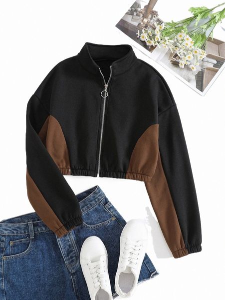 

two tone drop shoulder zip up sweatshirt r1dz#, Black