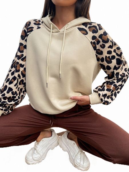 

leopard raglan sleeve drawstring hoodie q2zp#, Black