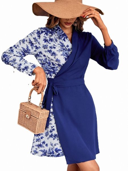

floral print tie side wrap dress d1k1#, Black;gray