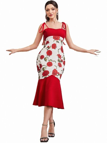 

floral print tie shoulder mermaid hem cami dress r2zx#, Black;gray