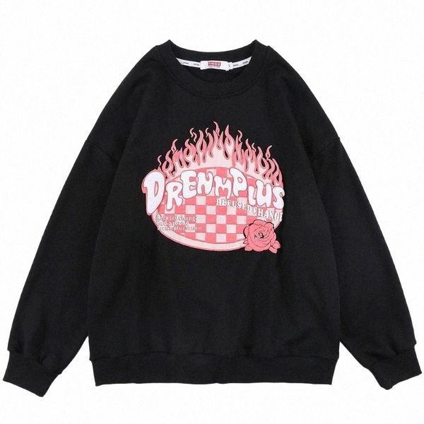 

men's hoodies & sweatshirts sweatshirt men flame floral plaid patch hoodie autumn oversized vintage harajuku high street pullover coupl, Black