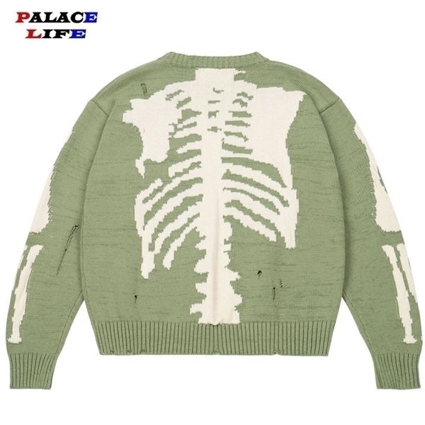 

men oversized sweater green loose skeleton bone printing woman street damage hole vintage 1 1 knitted 220817, White;black