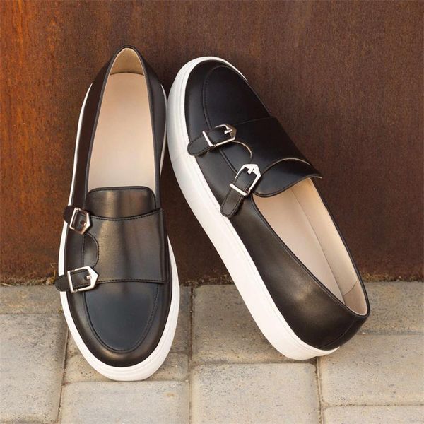 

Men Monk Loafers Solid Color PU Round Toe Flat Heel Double Buckle Classic Moccasin Fashion Business Casual Party Dress Shoes, Clear