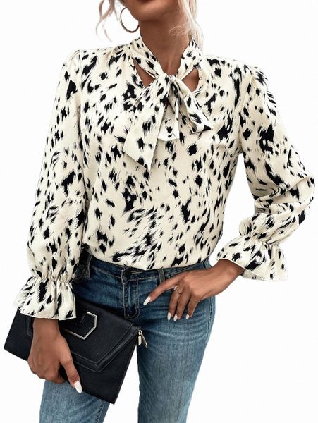 

allover print tie neck blouse h1f9#, White