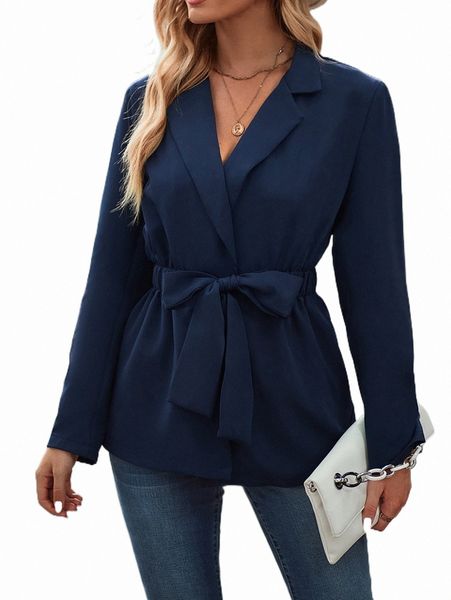 

lapel neck drawstring knot waist blazer m7ef#, White