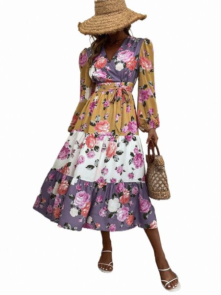 

floral print bishop sleeve ruffle hem belted dress x5qy#, Black;gray