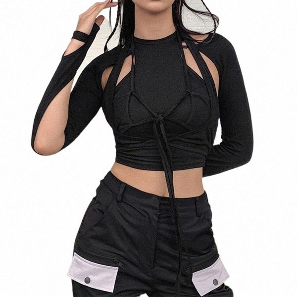 

women's t-shirt women summer fake 2 pieces hollow out long sleeve halter crisscross lace-up bodycon harajuku streetwear f5bl#, White
