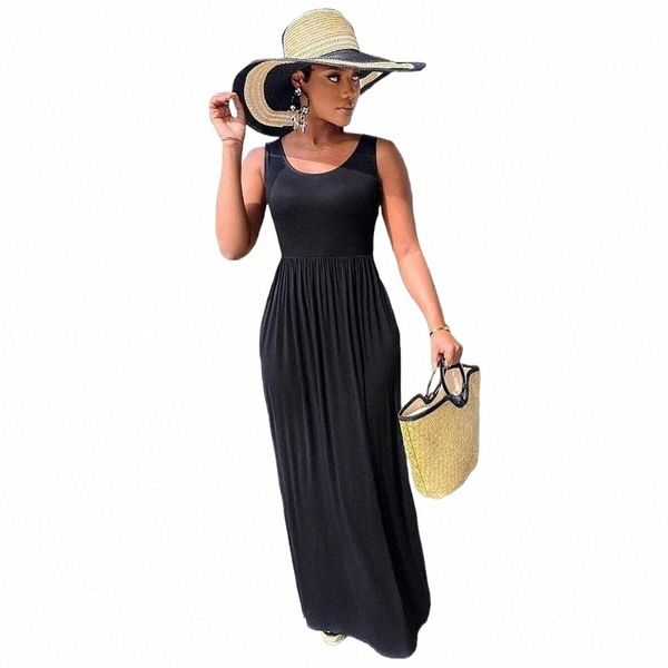 

casual dresses summer tank dress women sleeveless o-neck solid pink orange gray black color fashion maxi vestidos de verano robe e9cz#, Black;gray