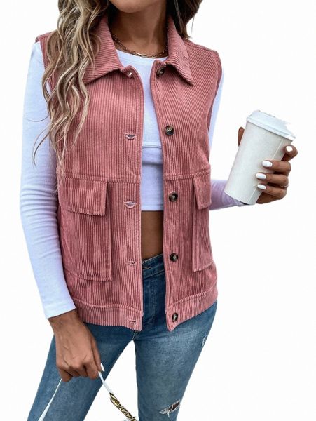 

flap pocket corduroy vest jacket g8mw#, Black;brown