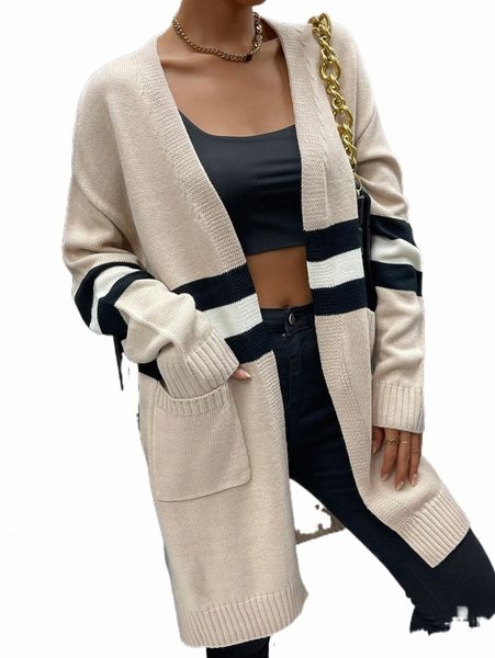 

color block double pocket drop shoulder slit hem duster cardigan w4af#, White;black