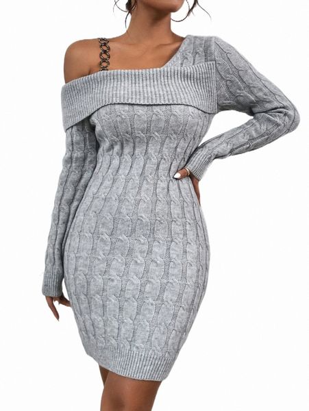 

chain detail asymmetrical neck cable knit sweater dress z8yx#, White;black