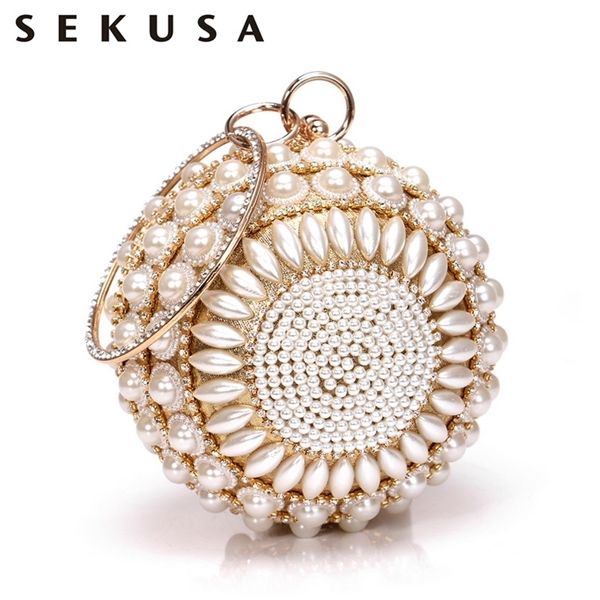 

sekusa beaded diamonds women day clutches rhnestones pearl evening bag circular shaped chain shoulder handbags for party purse 220818