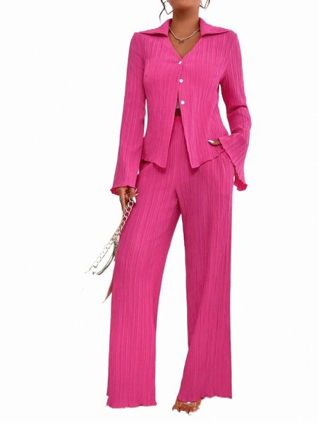 

bell sleeve plisse shirt & wide leg pants 21hf#, White