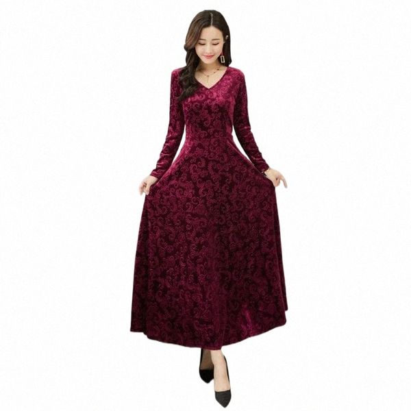 

casual dresses autumn elegant plus size gold velvet v neck long sleeve women vintage vestidos inter dress 3xl p1yn#, Black;gray