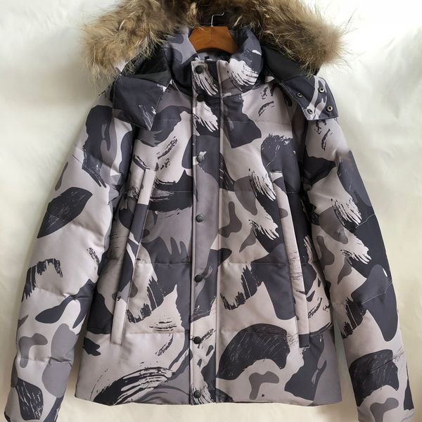 

mens winter down coat wolf fur puffer jackets fashion camouflage hooded down jacket designer man autumn outdoor coats woman casual outerwear, Black
