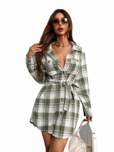 

plaid print pocket patched curved hem belted shirt dress 94jj#, Black;gray