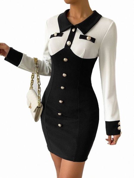 

colorblock button front bodycon dress w8f9#, Black;gray