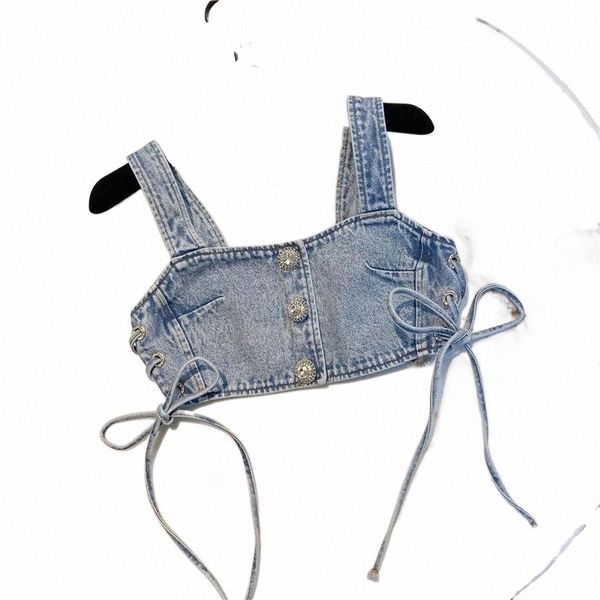 

women's tanks & camis women denim tank 2021 summer european fashion small shirt strap waist rhinestone buckle short seaside blusas o3wh, White