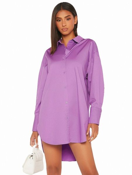 

tall drop shoulder high low hem shirt dress 28wk#, Black;gray