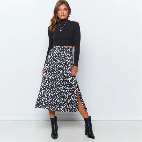 

leopard print chiffon split skirt casual fashion long skirts for women spring summer zip elegant female skirt 220818, Black