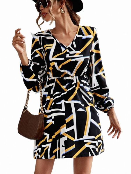 

geo print bishop sleeve a-line dress w6wj#, Black;gray