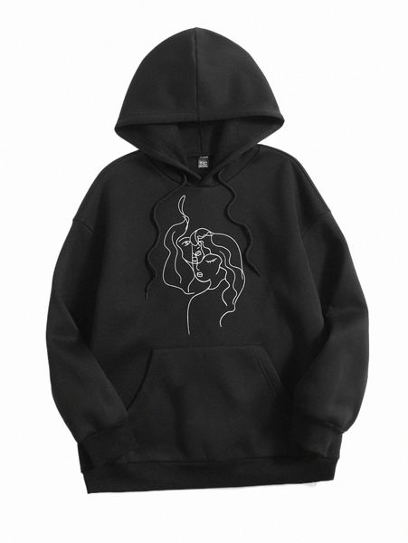 

abstract figure graphic kangaroo pocket drawstring thermal hoodie z6pc#, Black