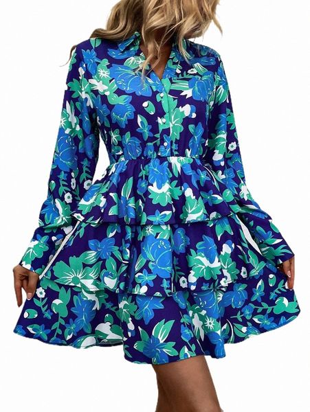 

allover floral print half button layered hem dress s2js#, Black;gray