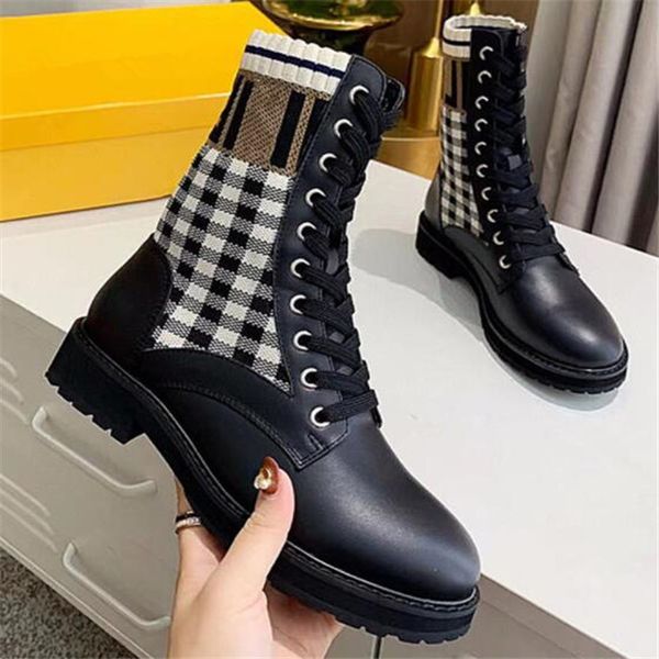 

luxury designer women martin boot black letter printing biker boots with stretch fabric lady combat ankle boot low heel shoes