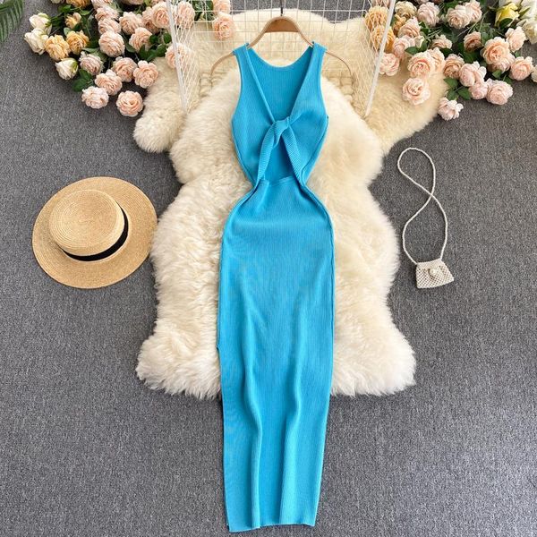 

hollow out sleeveless dress for women summer knitted mid long dresses skinny slim split vestidos ropa mujer l019, Black;gray