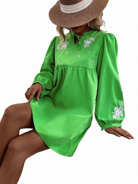

floral embroidery tie neck bishop sleeve smock dress h5pp#, Black;gray