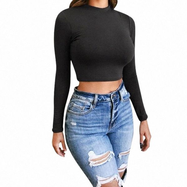 

solid crop women plus size long sleeve o-neck slim cotton girls black white t-shirt women's x3yv#