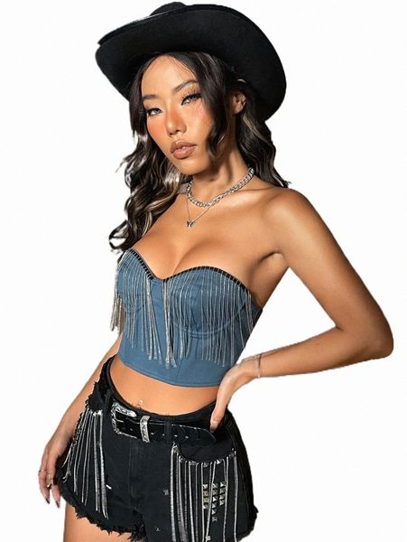 

x made in america rhinestone fringe detail zipper back crop tube d5mn#, White