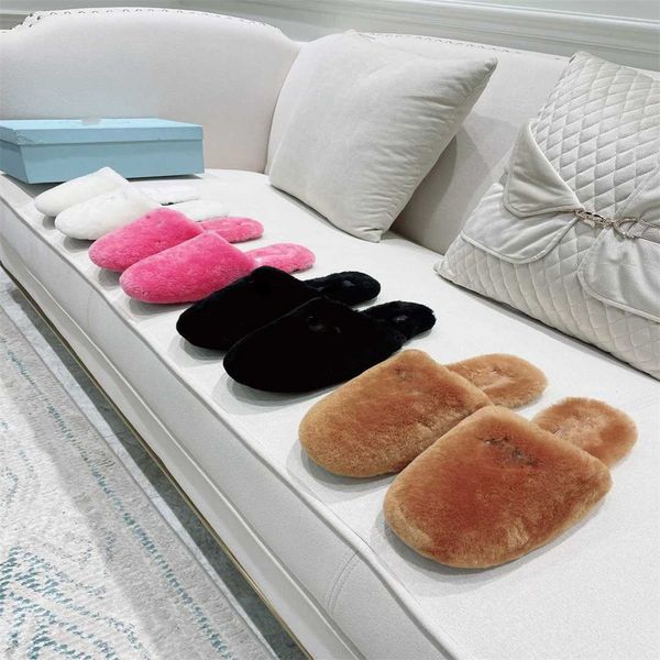 

women fur slippers designer wool slippers plush triangle metal p solid color flip flop winter warm rubber non-slip bottom cloudbust leather, Black