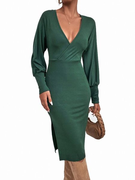 

surplice neck batwing sleeve bodycon dress without belt 16xn#, Black;gray